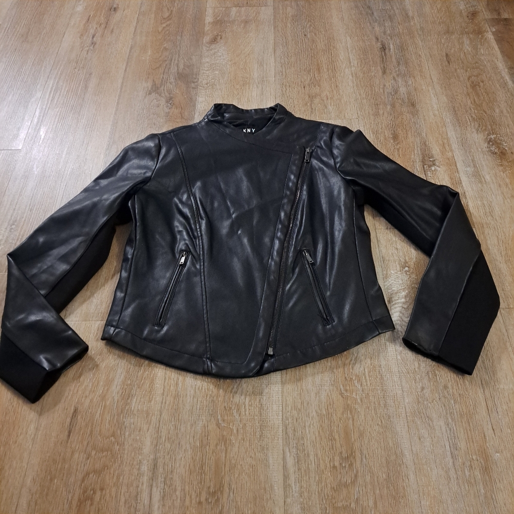 DKNY Black Faux Leather Moto Jacket Size Small